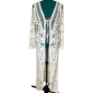 White Lace Long Kimono Duster with Floral Embroidery M